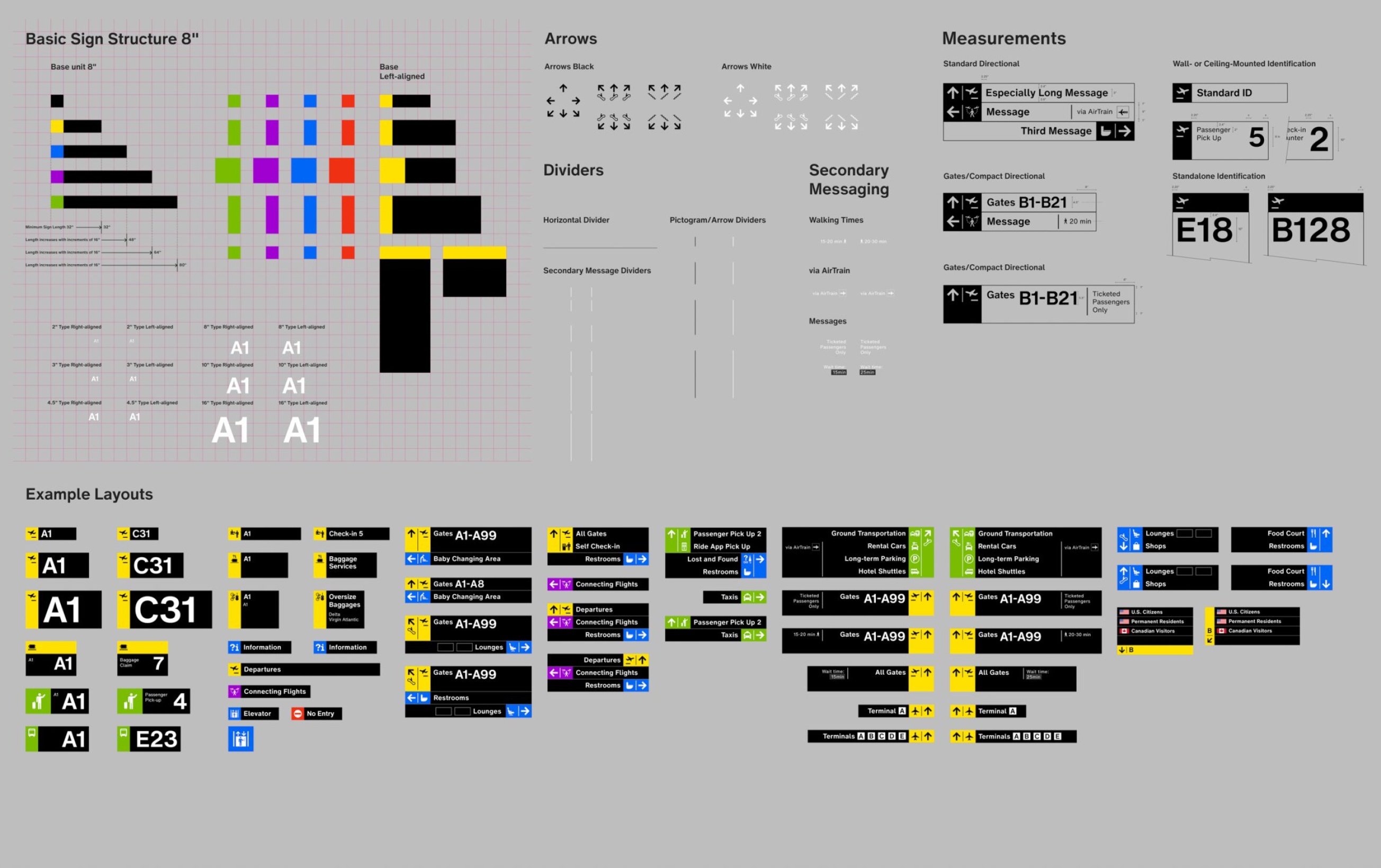 A grey two-dimensional background holds the designs of a basic sign structure, with arrows, measurements, example layouts, and more. The shapes are rectangular and squared with different designs and colors, like yellow, blue, purple, green, blue, black, and white.